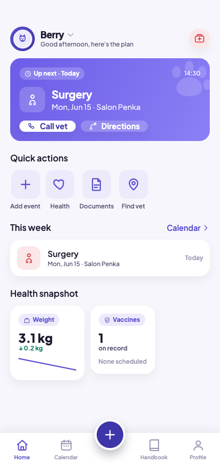 eVet home dashboard showing the next vet appointment and a health snapshot