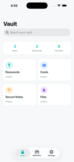 Safey vault app home screen showing passwords, cards, secure notes and files